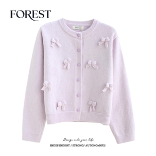 拾野森 冬装新款韩系加厚短款立体蝴蝶结长袖圆领毛衣开衫外套