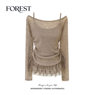 斜领罩衫 拾野森 废土风辣妹蕾丝网纱吊带背心长袖 新款 两件套 秋装