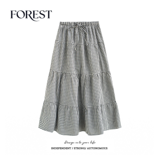 高腰显瘦松紧腰系绳中长款 韩版 格子半身裙长裙 春夏新款 拾野森