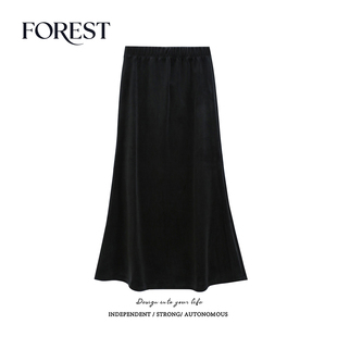 拾野森 冬装新款韩系高腰显瘦中长款鱼尾丝绒半身裙长裙