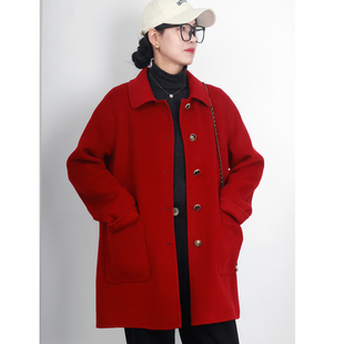 高端加肥加特大码双面羊绒大衣女装胖mm妈妈装200斤毛呢外套酒红