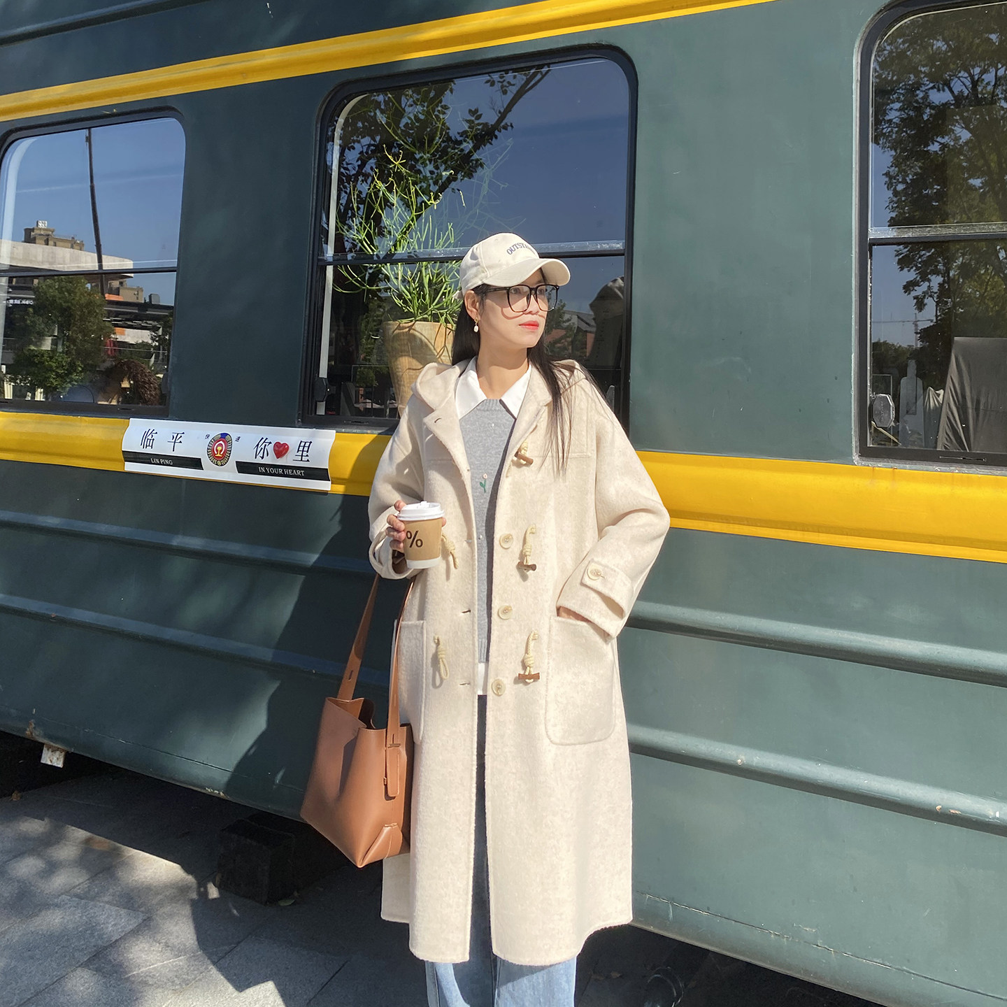 学院风牛角扣双面羊绒白色胖妹妹加肥加大码呢子大衣中长款200斤