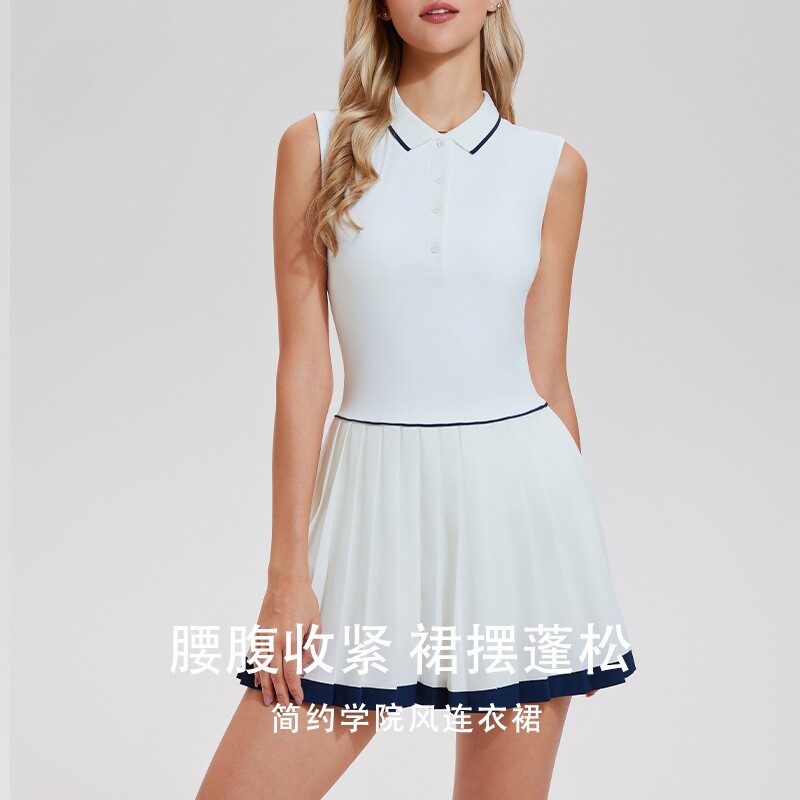 撞色polo领网球服连衣裙运动户外无袖短裙速干透气休闲百褶裙套装