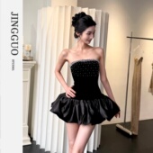 串珠抹胸花苞蓬蓬裙生日晚宴小黑裙7627 小众法式 JINGGUO轻奢