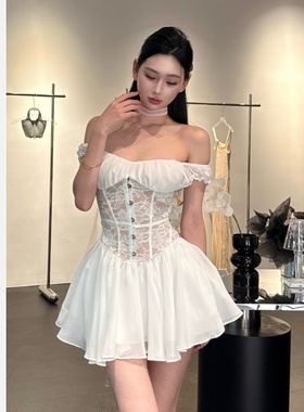 【JINGGUO轻奢】小众设计蕾丝拼接甜美一字肩收腰显瘦连衣裙7465