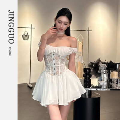 【JINGGUO轻奢】小众设计蕾丝拼接甜美一字肩收腰显瘦连衣裙7465