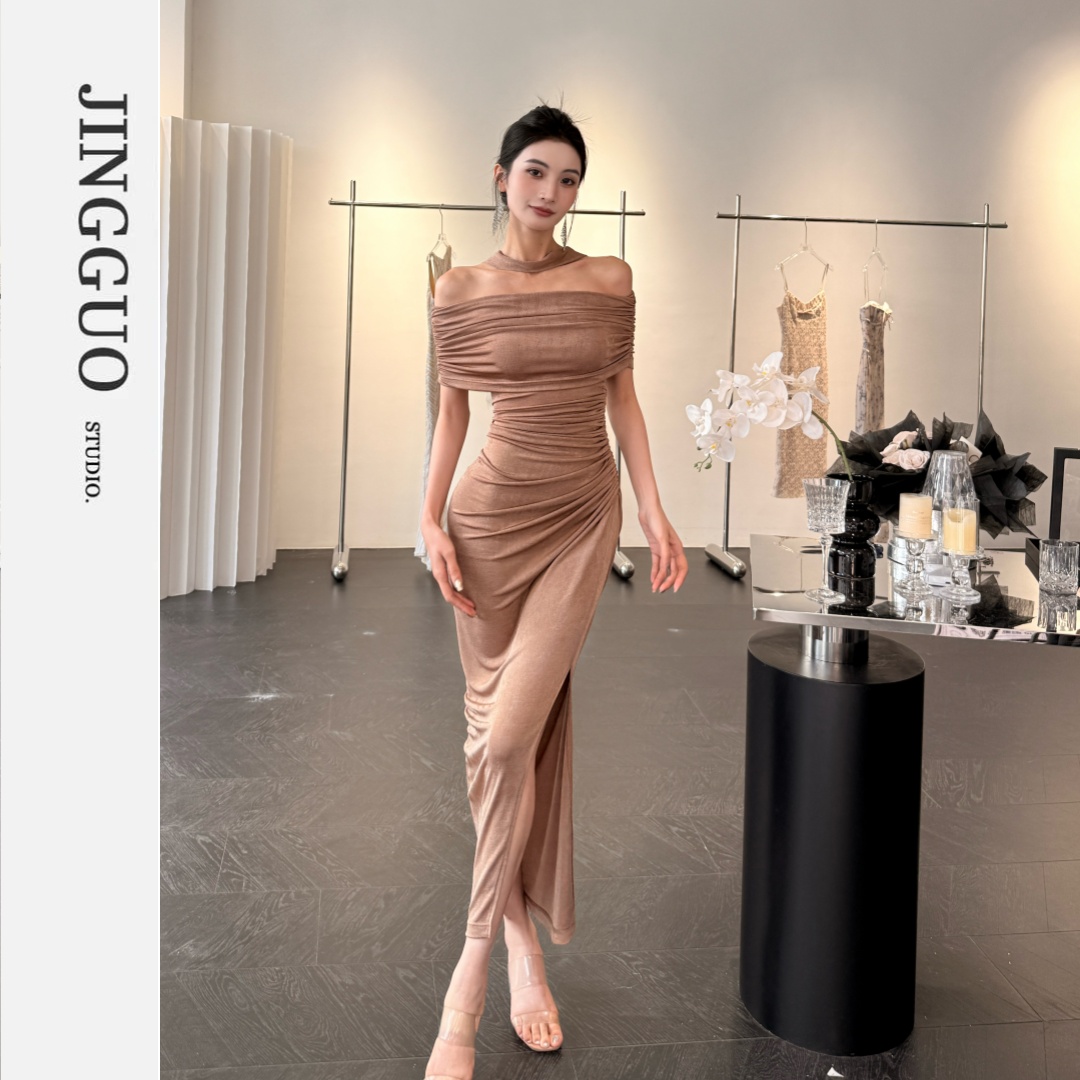 【JINGGUO轻奢】小众设计感多种穿法一字肩挂脖高级感连衣裙7533