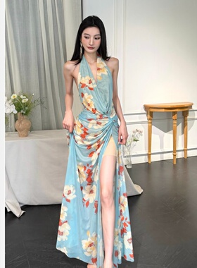【JINGGUO轻奢】小众法式度假风蓝色碎花挂脖露背开叉连衣裙7654