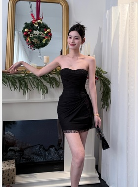 【JINGGUO轻奢】小众设计感气质名媛修身显瘦抹胸礼服连衣裙7562