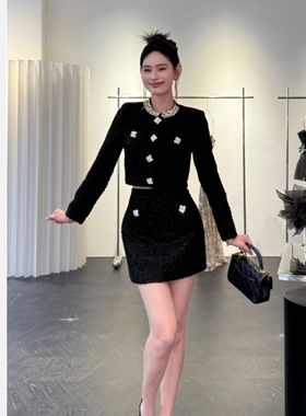 【JINGGUO轻奢】小香风黑色钻饰开衫半身裙两件套气质千金风7549