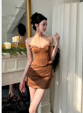 【JINGGUO轻奢】小众设计感美拉德风抹胸收腰无袖包臀连衣裙7593