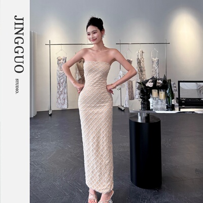 【JINGGUO轻奢】小众设计感气质名媛修身显瘦金粉礼服连衣裙7518