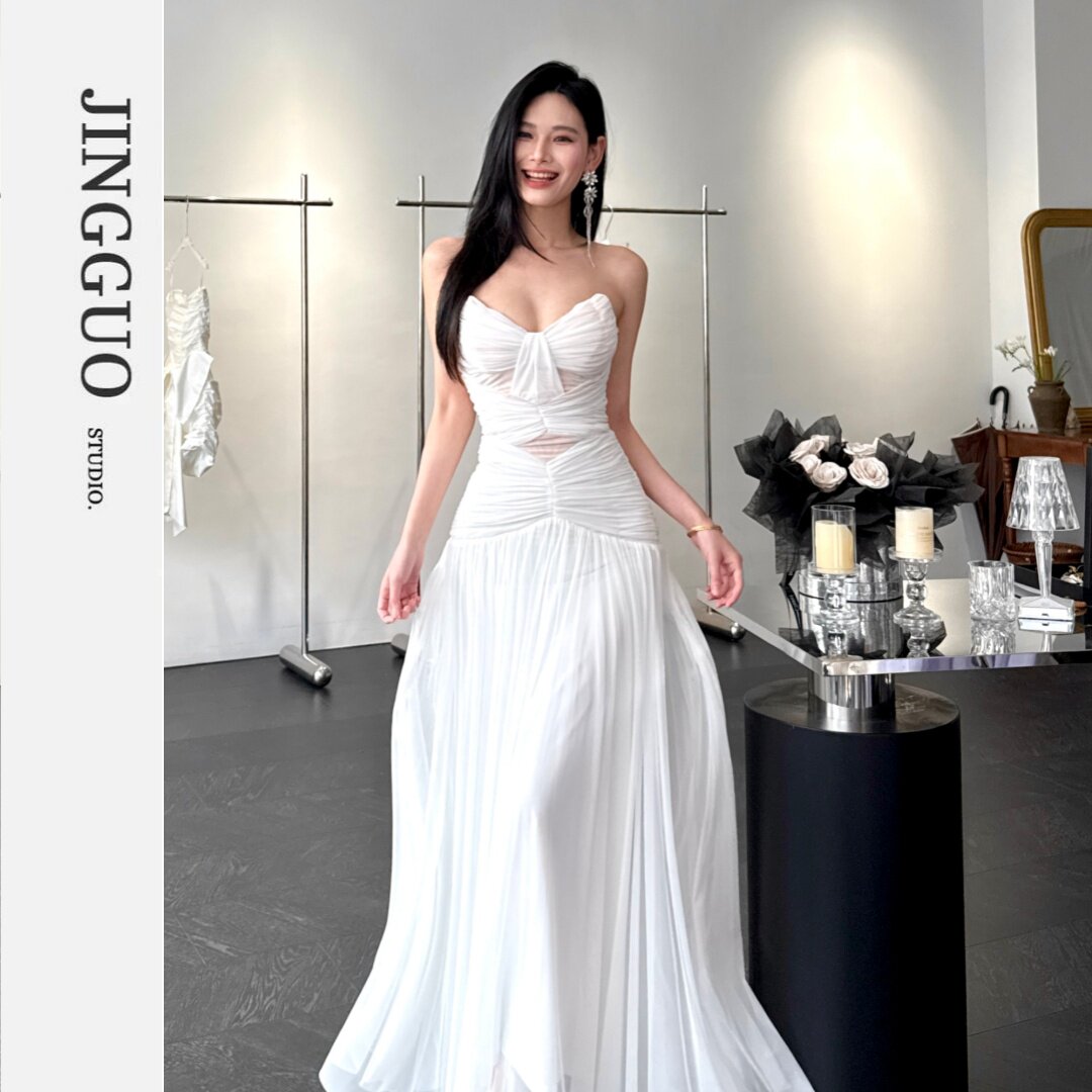 【JINGGUO轻奢】小众设计法式修身显瘦网纱气质抹胸性感长裙7607