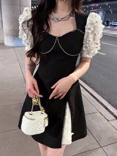 高定重工立体手工串珠刺绣花朵泡泡袖 收腰A字连衣裙 水钻链条修身