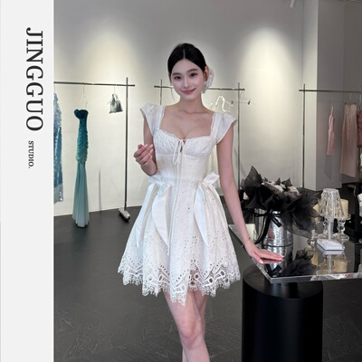 【JINGGUO轻奢】小众设计法式甜美浪漫蝴蝶结方领度假连衣裙7373