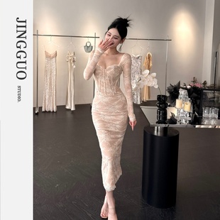 【JINGGUO轻奢】小众设计感法式蕾丝长袖鱼骨束腰显瘦连衣裙7336