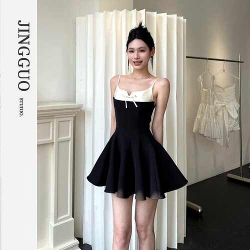 【JINGGUO轻奢】小众设计感法式复古吊带修身显瘦A字连衣裙7640