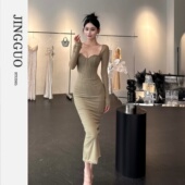 性感网纱鱼骨束腰长袖 小众设计感法式 连衣裙7354 JINGGUO轻奢