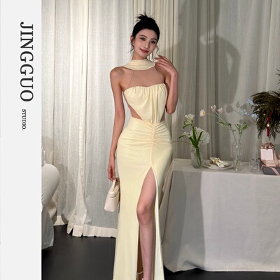 【JINGGUO轻奢】小众设计感法式开叉若隐若现收腰挂脖连衣裙7608