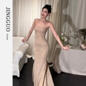 小众设计感重工满钻露背性感气质鱼尾连衣裙7558 JINGGUO轻奢