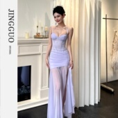 风性感修身 小众法式 显瘦开叉网纱拼接连衣裙7512 JINGGUO轻奢