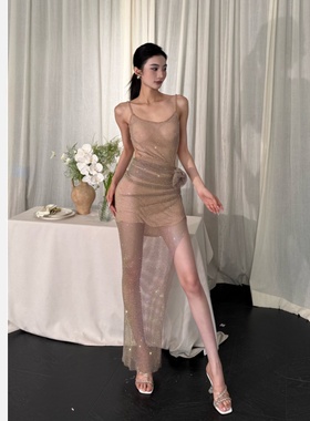 【JINGGUO轻奢】小众设计高级感闪钻网纱气质名媛露背连衣裙7495