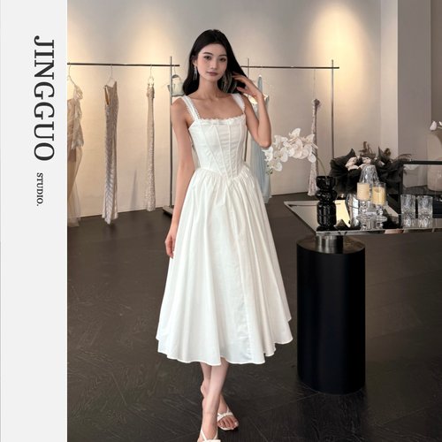 【JINGGUO轻奢】小众设计法式温柔风吊带系带收腰连衣裙7439/7434