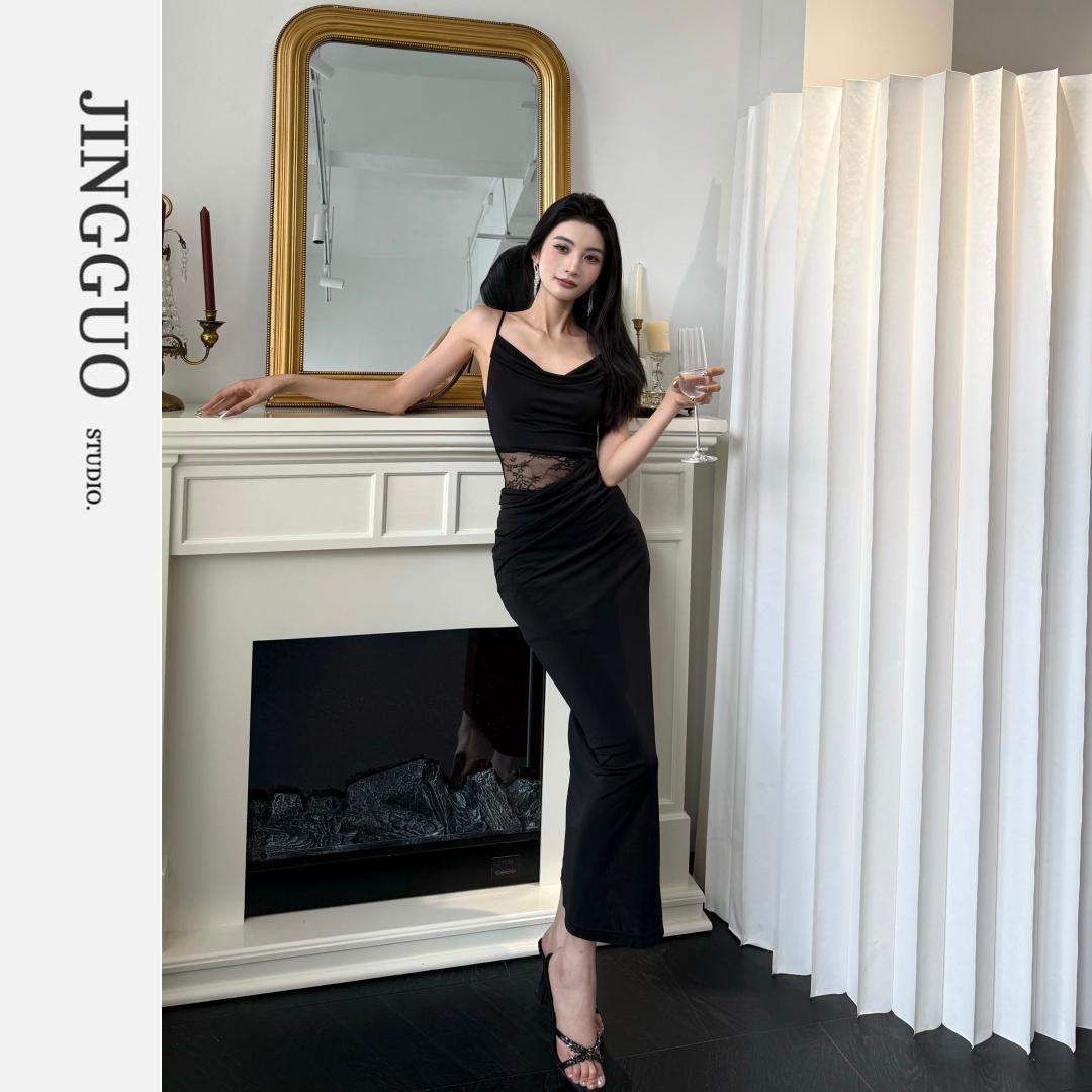 【JINGGUO轻奢】小众设计感蕾丝拼接吊带连衣裙高级感长裙7478