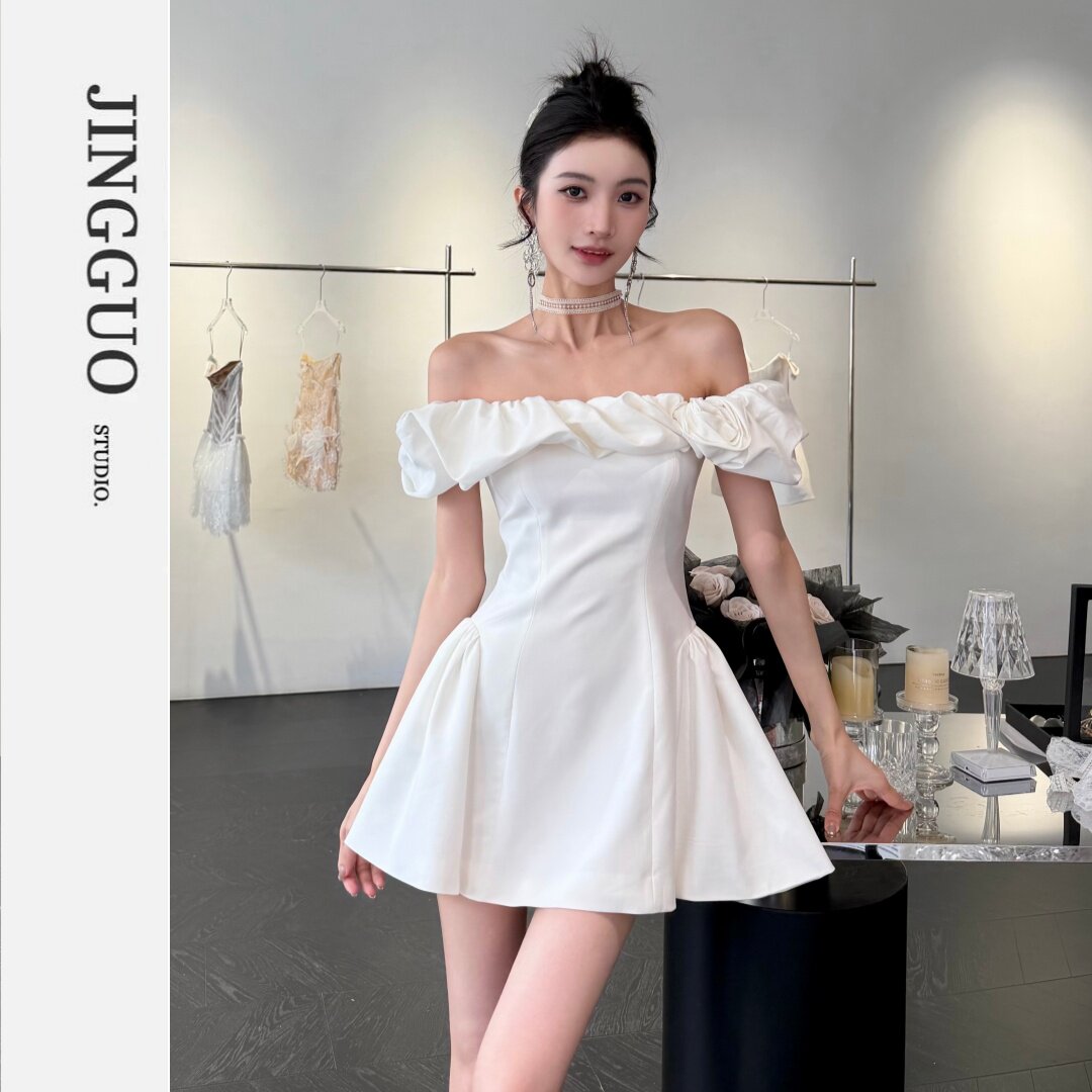 【JINGGUO轻奢】小众设计感甜美千金风一字肩修身显瘦连衣裙7662
