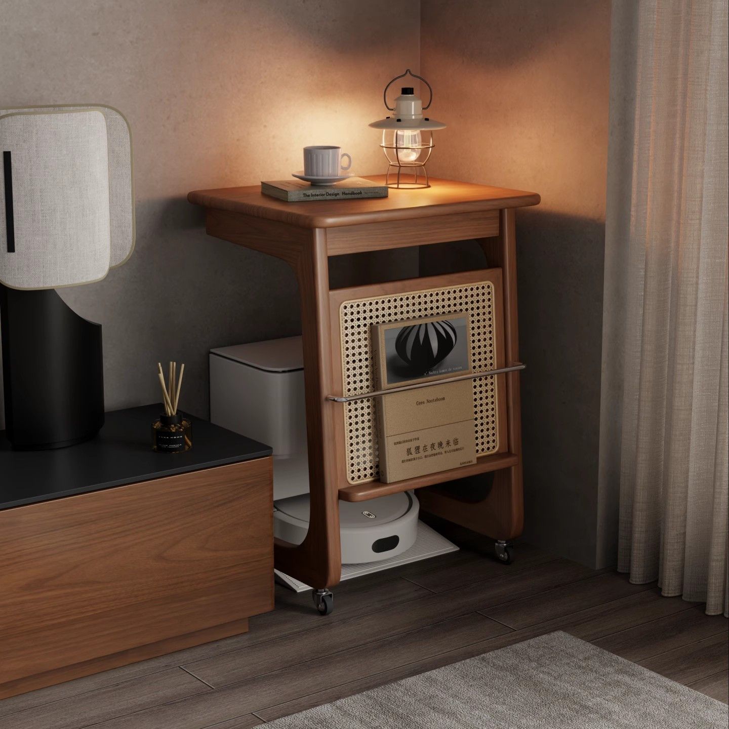 中古风实木可移动侧边带轮边几