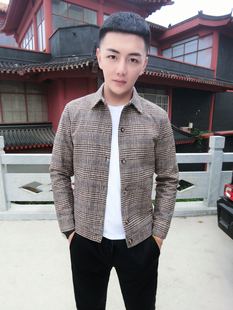 男爵v抖音网红秋冬修身翻领格子毛妮夹克男社会精神小伙外套