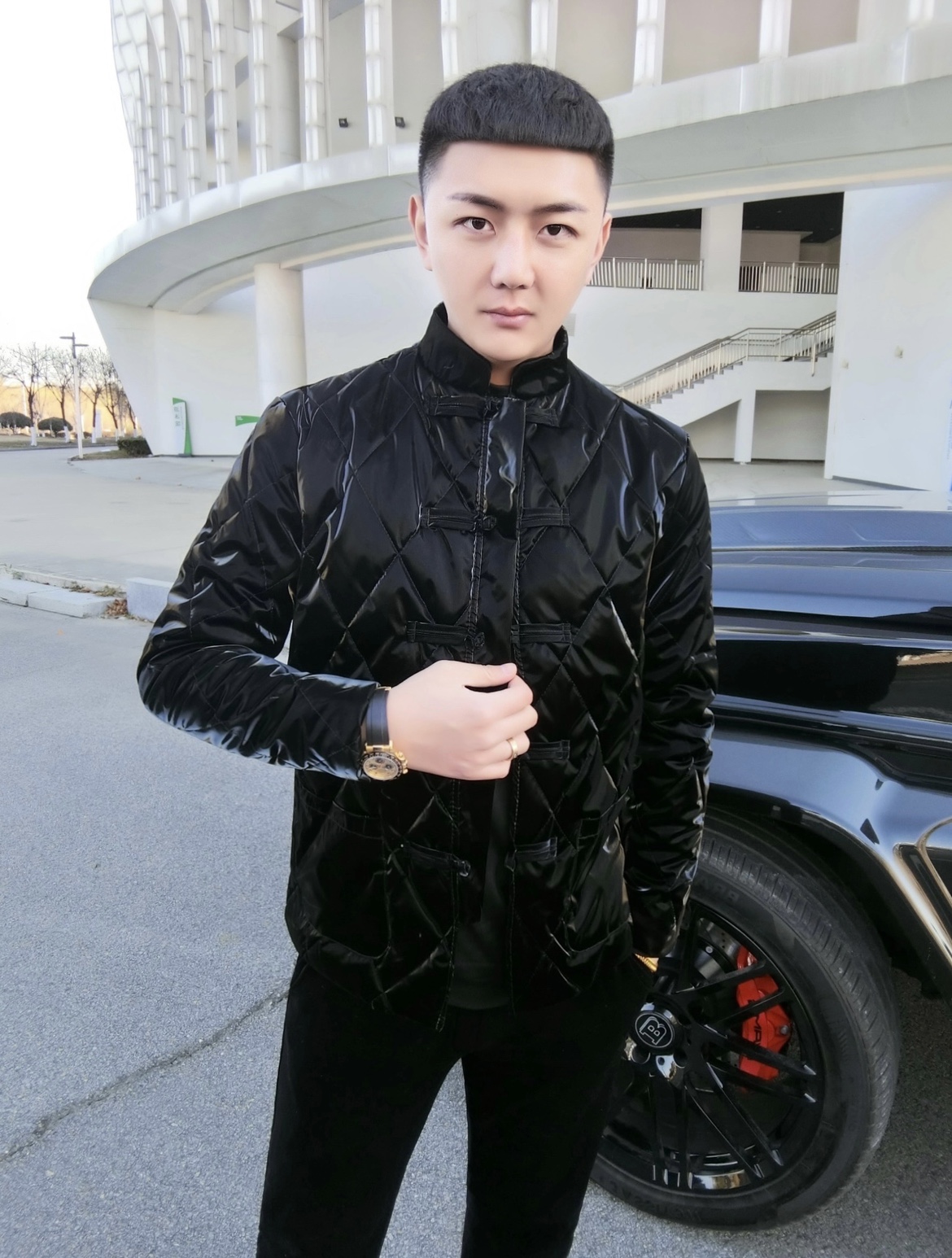 中国风黑色亮面PU棉服外套冬季