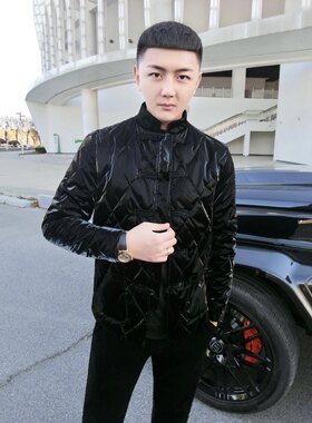 中国风黑色亮面PU棉服外套冬季
