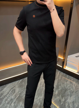 轻奢定制高品质春夏新款男士圆领短袖休闲百搭拼色打底T恤35244-1