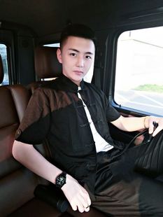 皇家男爵v网红夏季中国风唐装短袖男士社会精神小伙盘扣两件套装