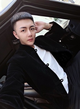 皇家男爵v春秋冬男中国风薄棉服复古唐装盘扣黑色金丝绒外套夹克