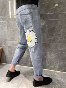 皇家男爵v2023春夏款菊花牛仔裤百搭韩版老爹裤ins潮牌休闲小脚裤