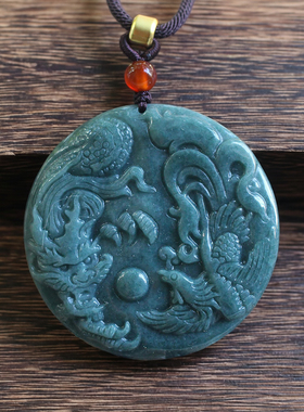天然油青翡翠A货龙凤呈祥吊坠