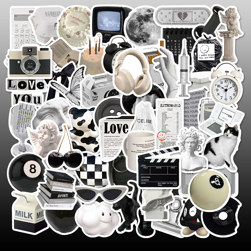 60张黑白ins简约风贴纸笔记本电脑行李箱水杯ipad手机壳贴画防水
