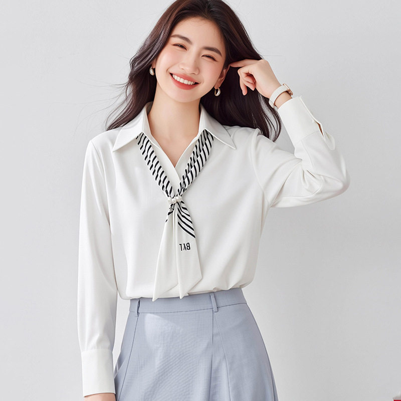 白色polo领配条纹丝巾长袖衬衫衬衣女2026春季轻奢感独特漂亮上衣