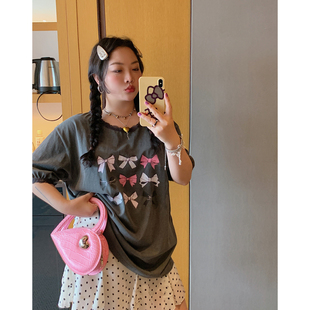 胖mm宽松上衣 Dazi金大支蝴蝶结拼接T恤女短袖 夏季 2025年新款 大码