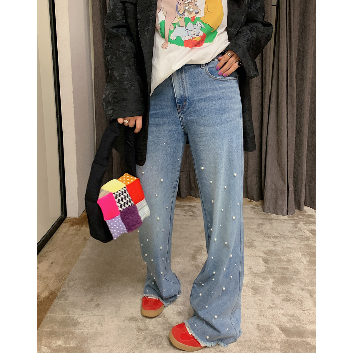 金大支珍珠毛边直筒牛仔裤女2025新款春秋季胖mm大码显瘦拖地裤子