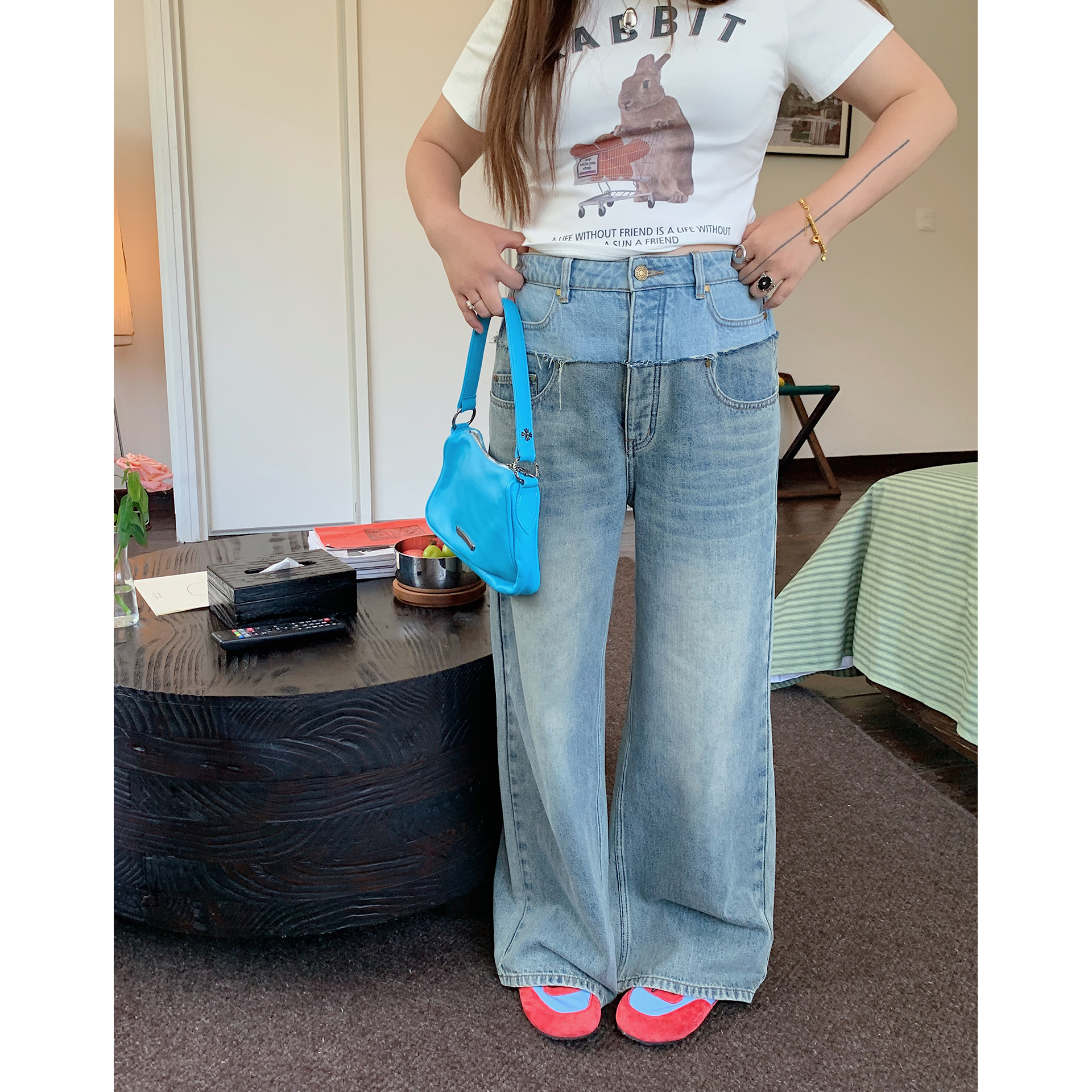 Dazi金大支撞色拼接牛仔裤