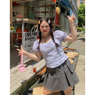 女短袖 2025新款 Dazi金大支蕾丝拼接衬衫 夏季 方领上衣 胖mm大码 法式