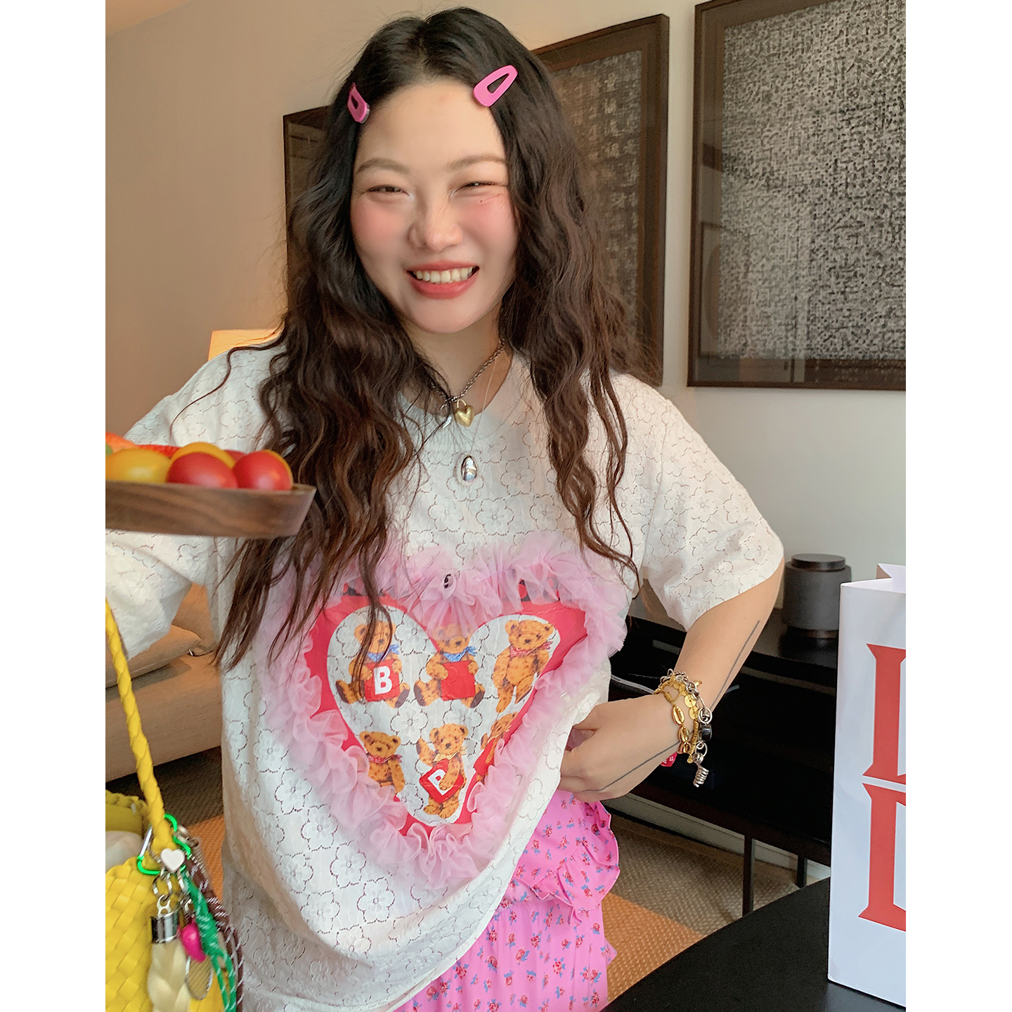 金大支小熊爱心蕾丝T恤女短袖2025新款大码胖mm巨显瘦夏装上衣