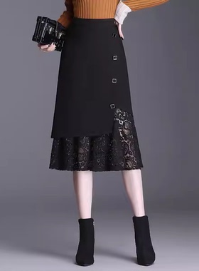 黑色鱼尾半身裙女2025年新款夏季蕾丝裙a字高腰垂感中长包臀裙子