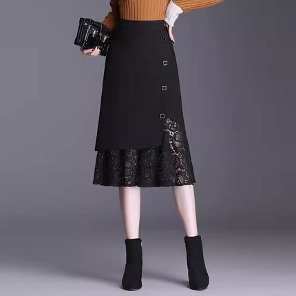黑色鱼尾半身裙女2025年新款夏季蕾丝裙a字高腰垂感中长包臀裙子