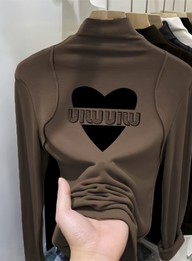 大码2025秋冬款高级爱心长袖t恤打底高领可内外穿百搭时尚上衣ins