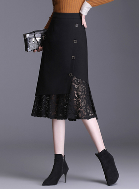 黑色鱼尾半身裙女2025年新款春秋蕾丝裙a字高腰垂感中长包臀裙子