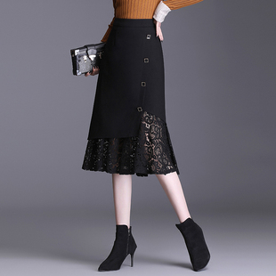 黑色鱼尾半身裙女2025年新款 春秋蕾丝裙a字高腰垂感中长包臀裙子
